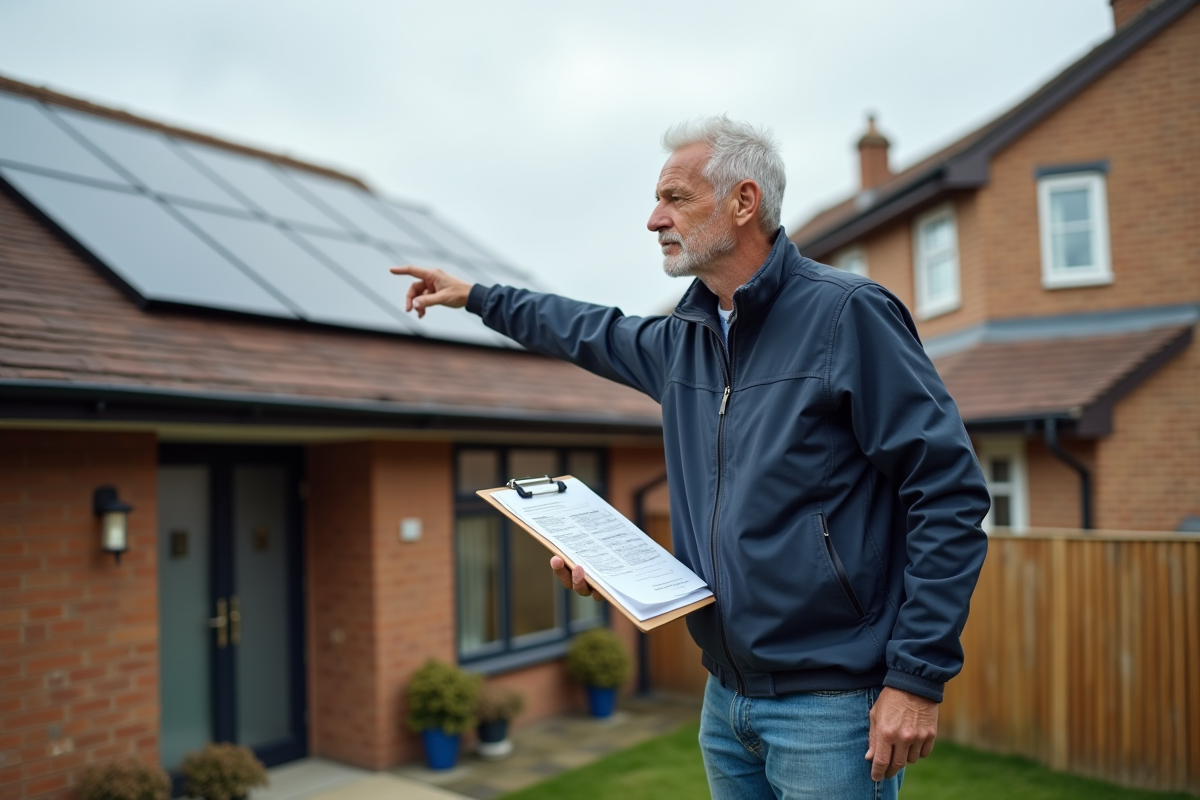 Homme pointant vers panneaux solaires devant maison