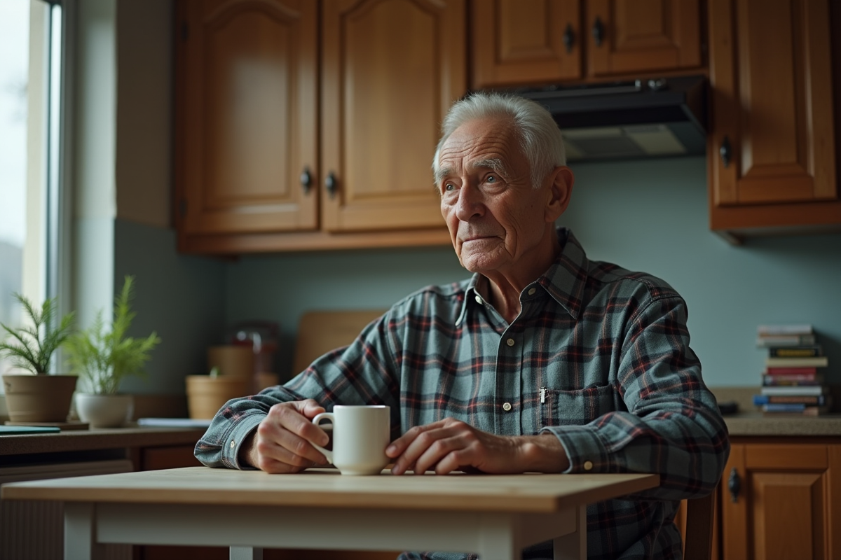Homme âgé dans une cuisine modeste avec tasse à la main