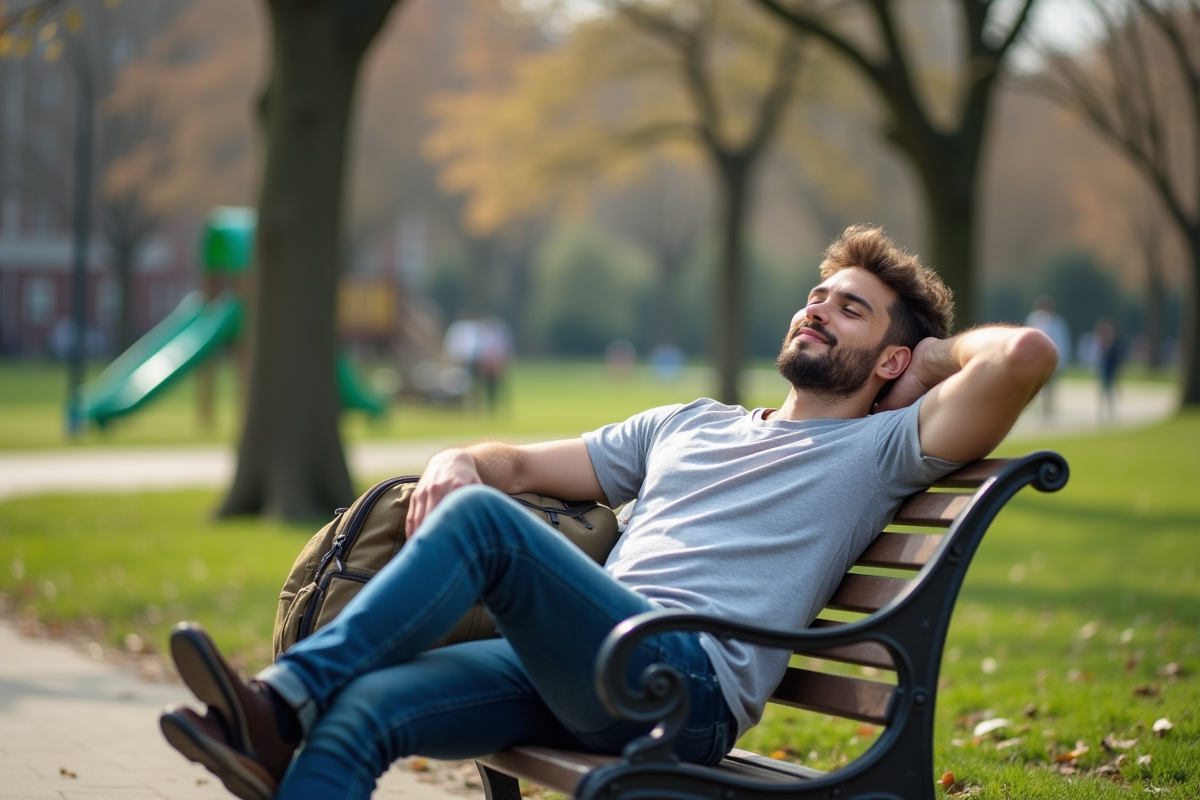 Jeune homme reposant sur un banc dans un parc urbain