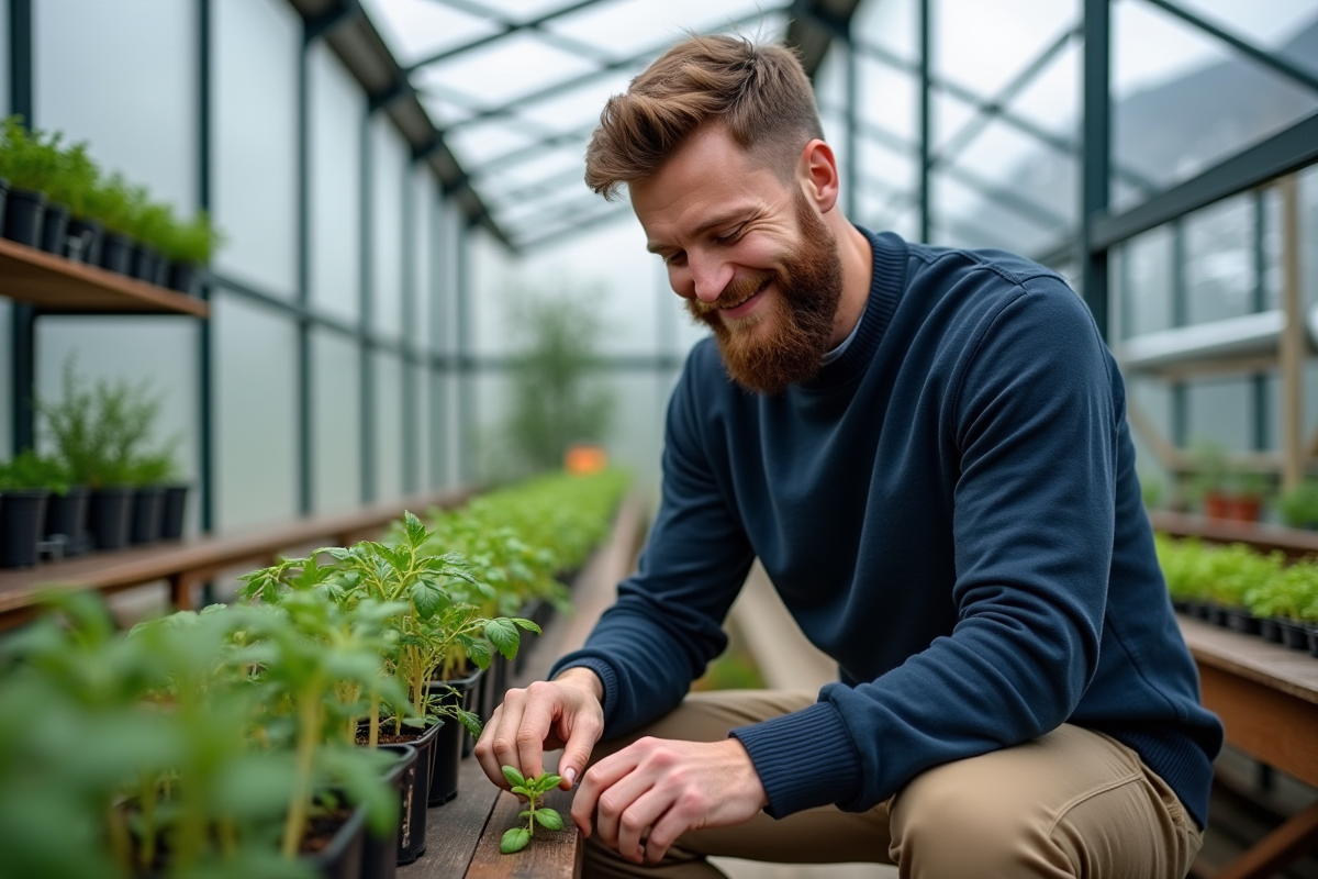 Homme plantant des semis de tomates dans une serre moderne
