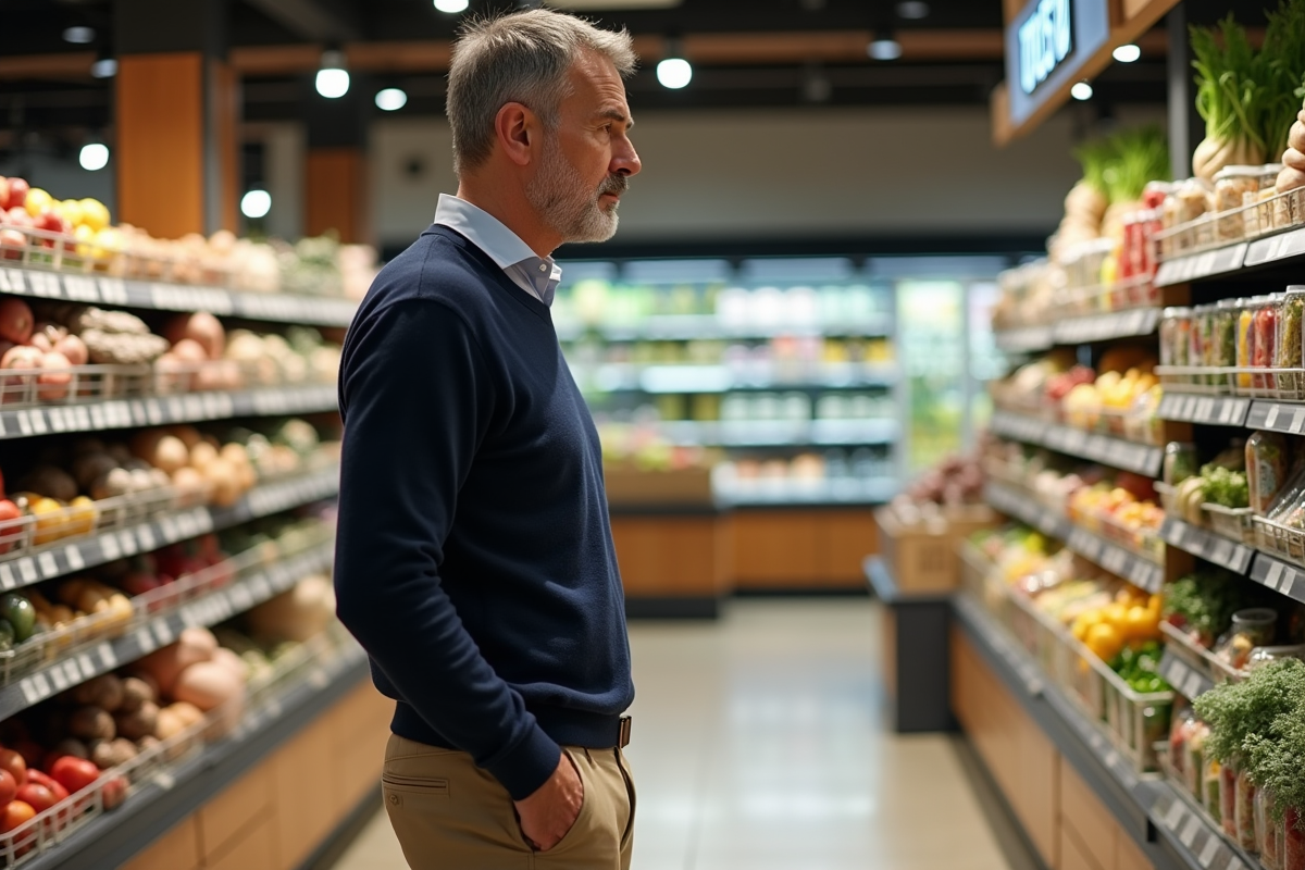Homme en sweater navy regarde des produits bio en supermarché