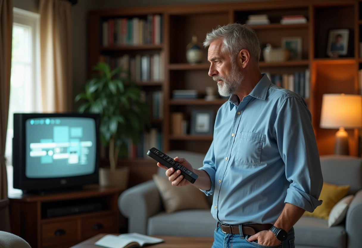 Homme ajustant une télé vintage dans son salon chaleureux