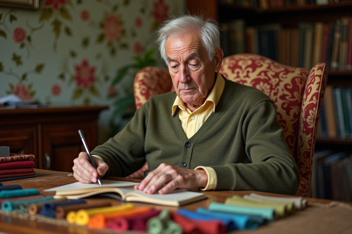 Homme âgé examinant des échantillons de textiles