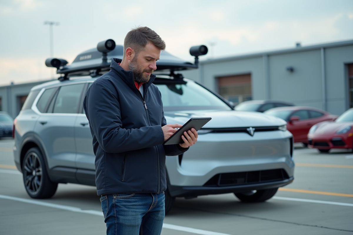 Ingénieur vérifiant un véhicule autonome avec capteurs