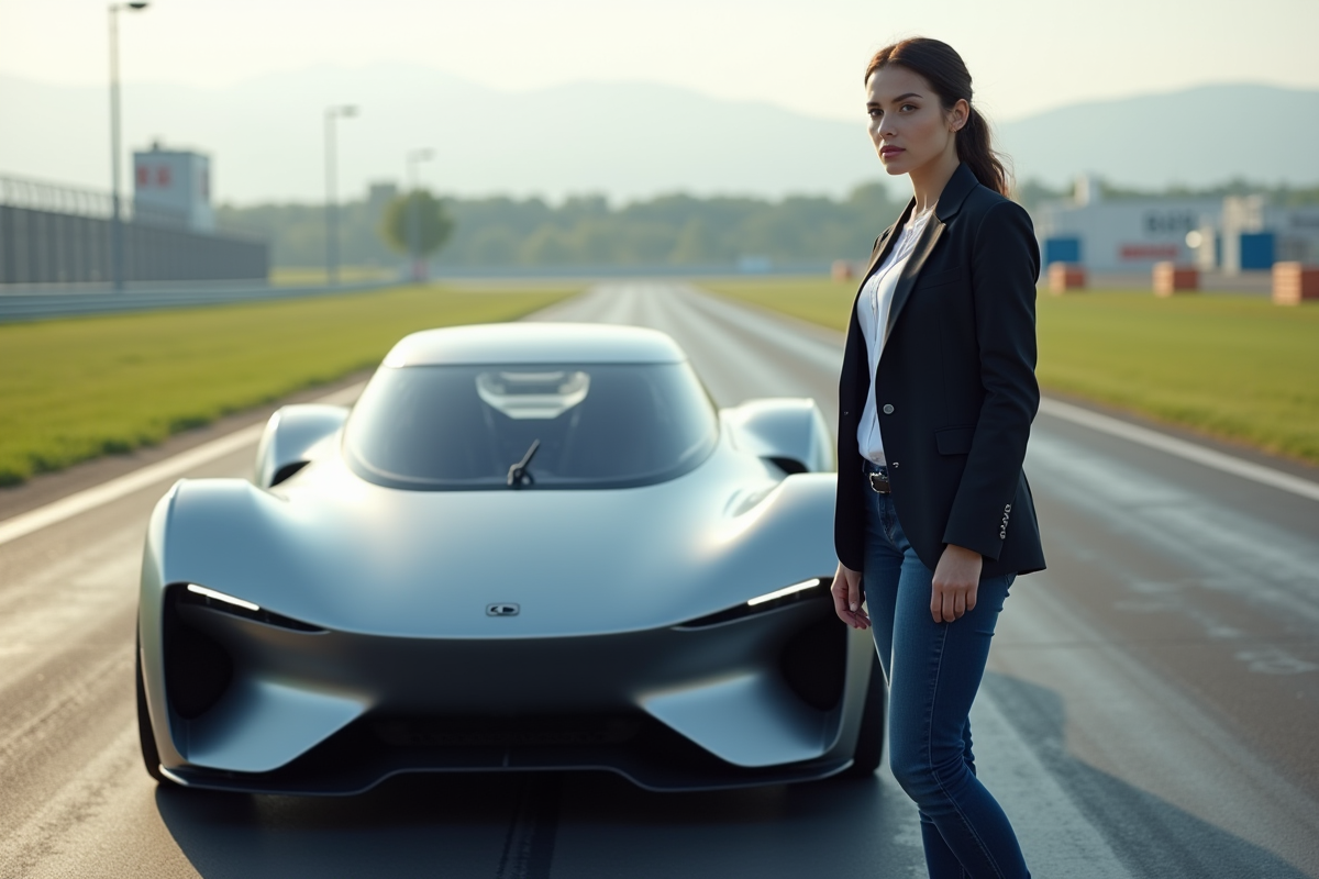 Jeune ingénieure automobile près d