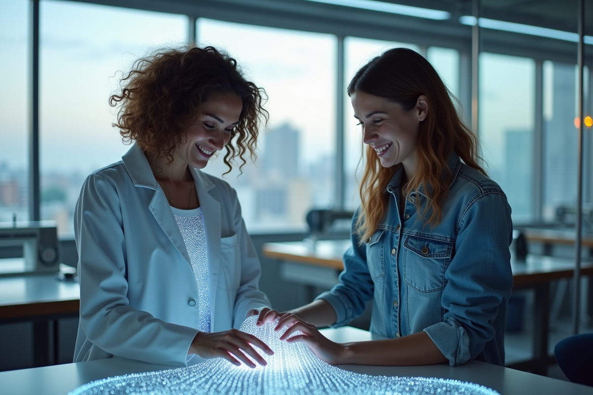 Deux ingénieures examinent un vêtement high-tech en atelier lumineux