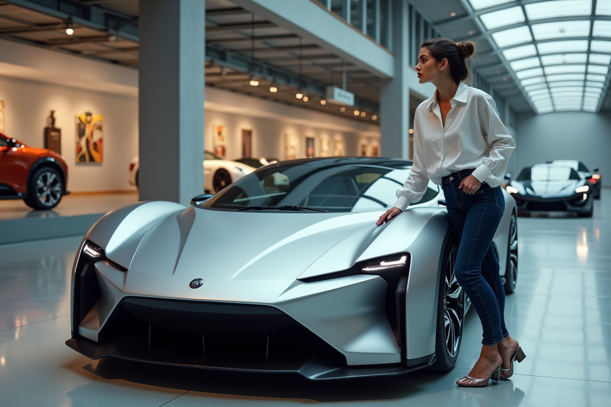 Jeune femme admirant un concept car dans un musée moderne
