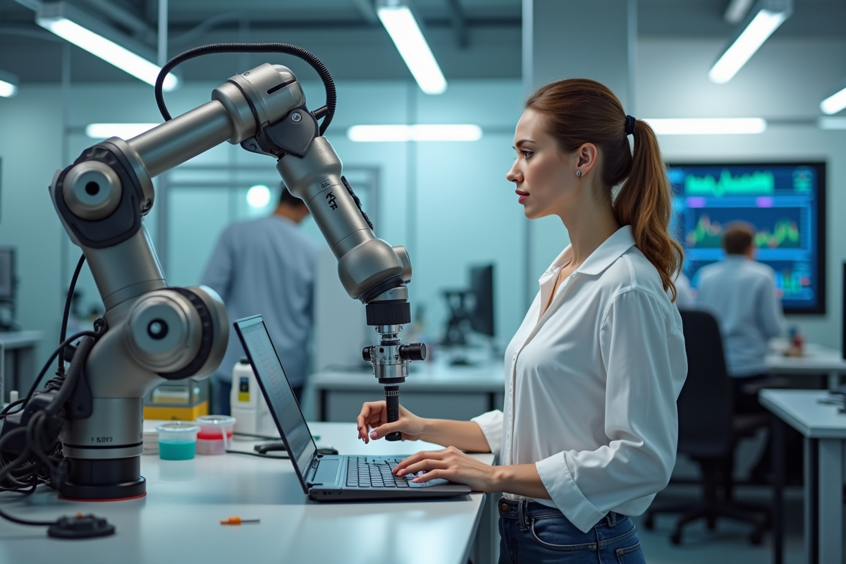 Jeune femme programme un robot dans un laboratoire technologique