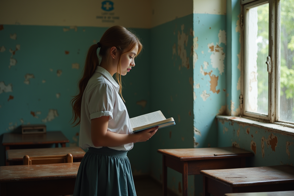 Jeune fille en uniforme dans une classe aux murs écaillés