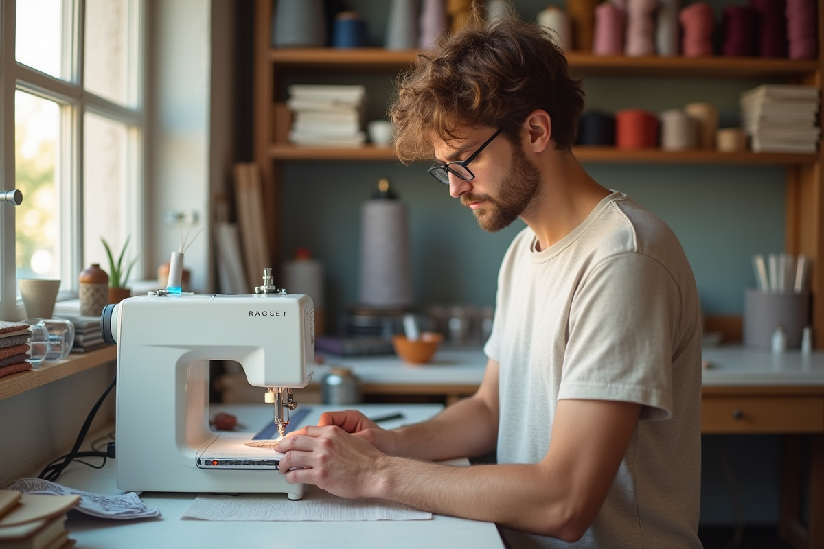 Jeune homme utilisant une machine à broder dans un atelier