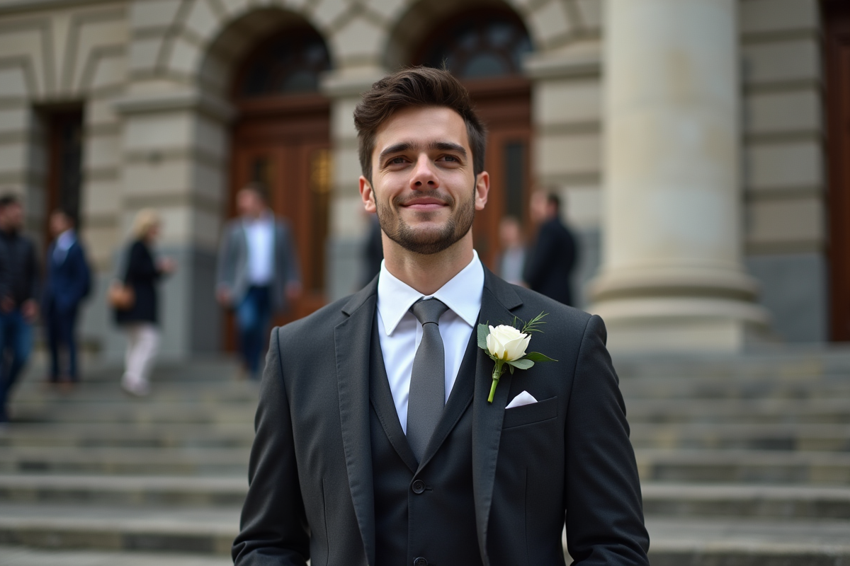 Jeune homme en costume posant devant l’hôtel de ville après la cérémonie