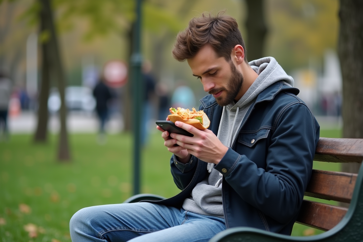 Jeune homme mange un sandwich sur un banc de parc en ville