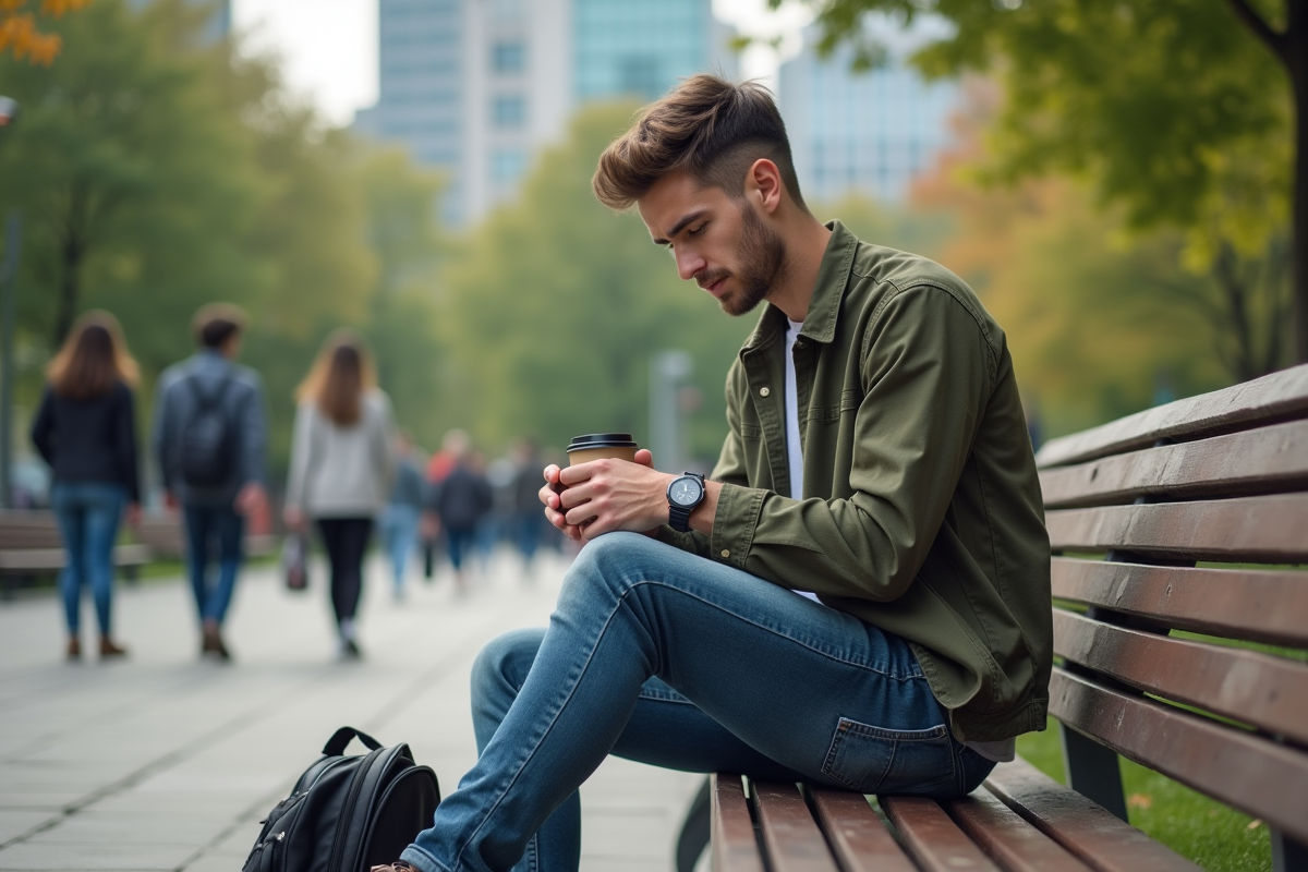 Jeune homme regardant sa montre dans un parc urbain