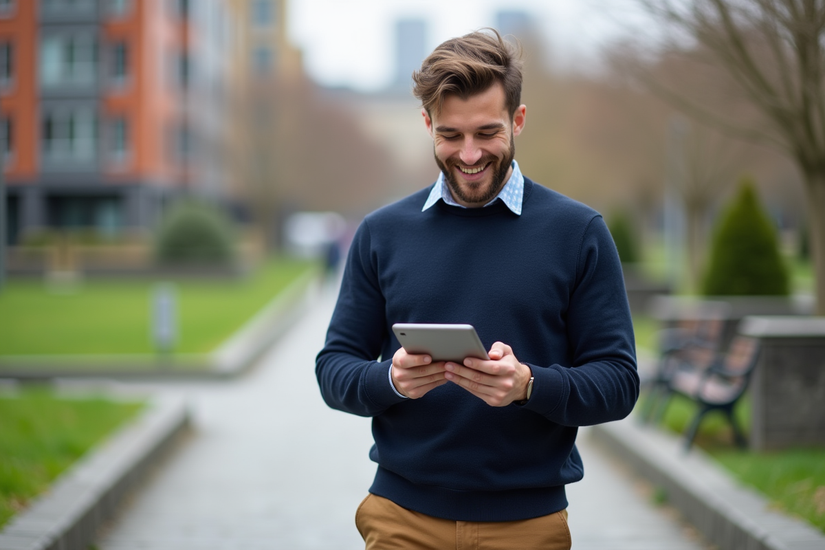 Jeune homme vérifiant son emploi du temps dans un parc urbain
