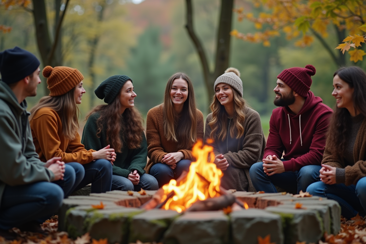 Groupe de jeunes discutant autour d un feu en forêt automnale
