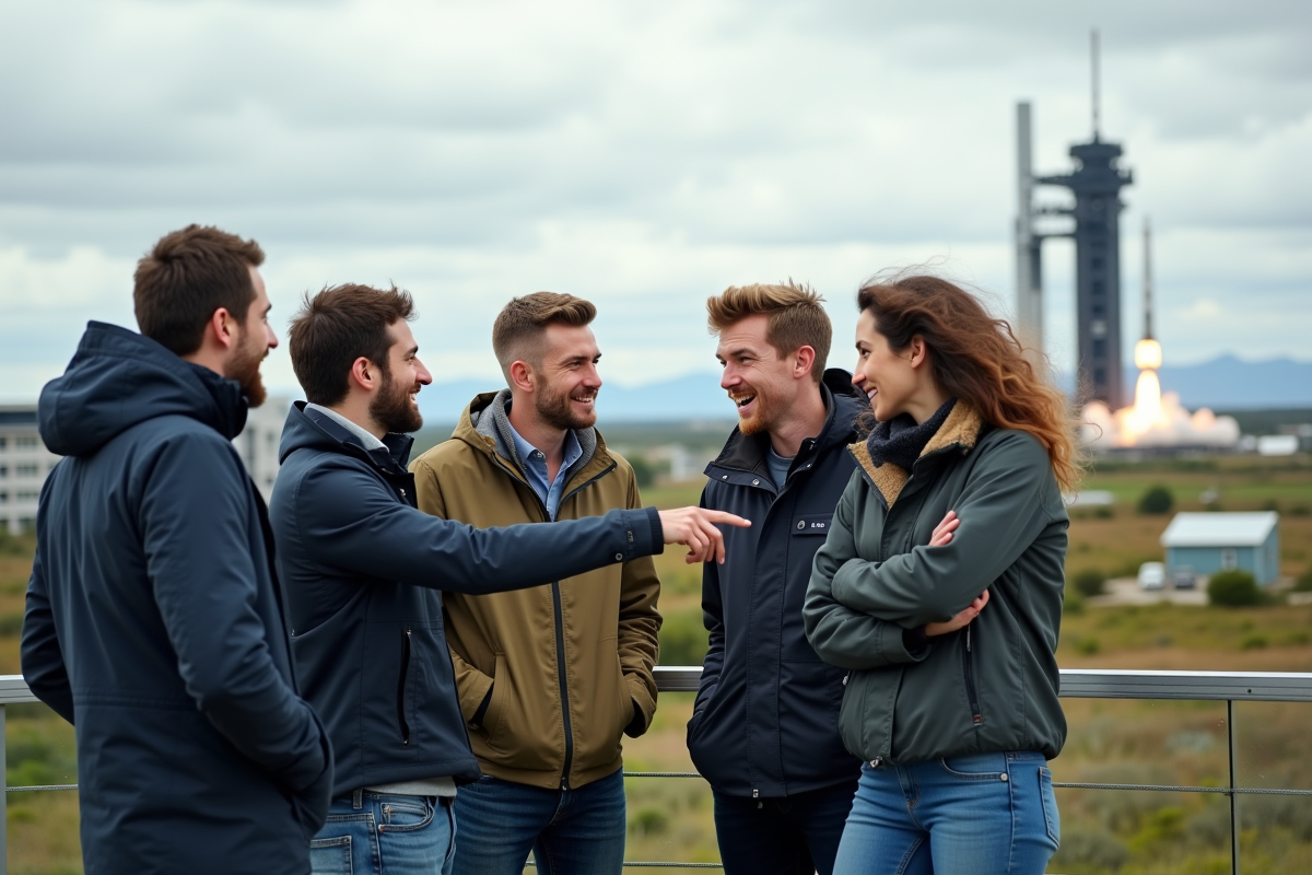 Jeunes scientifiques français discutant devant le centre spatial