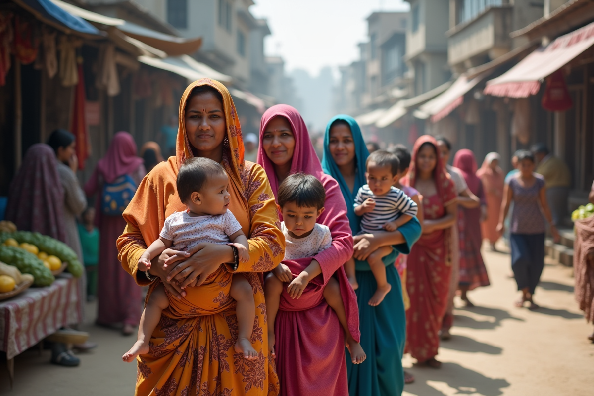 Femmes avec enfants dans un marché animé en Asie
