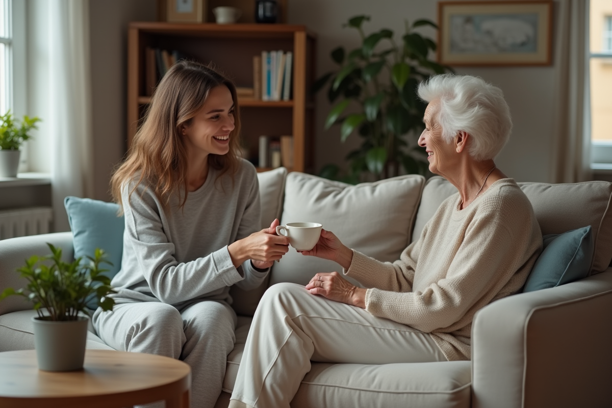 Jeune femme offrant une tasse de thé à une invitée âgée dans un salon cosy