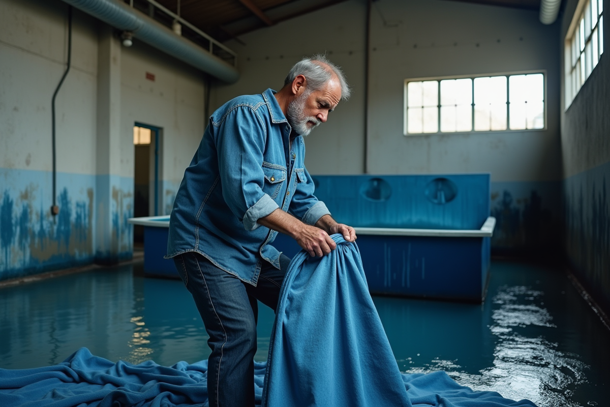 Ouvrier en denim dans une usine de teinture industrielle