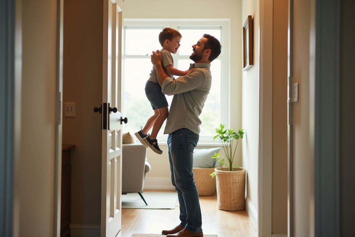 Père et enfant riant dans le couloir de la maison