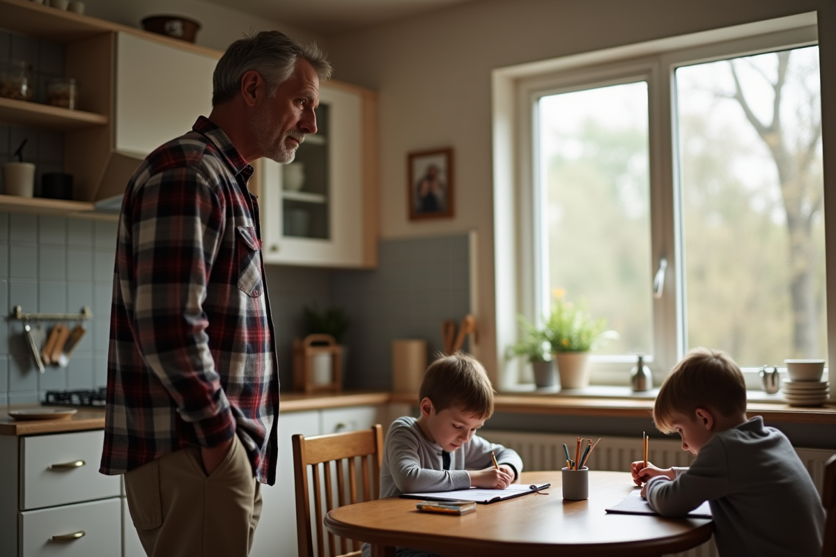 Homme regardant ses enfants dessiner à la table de cuisine