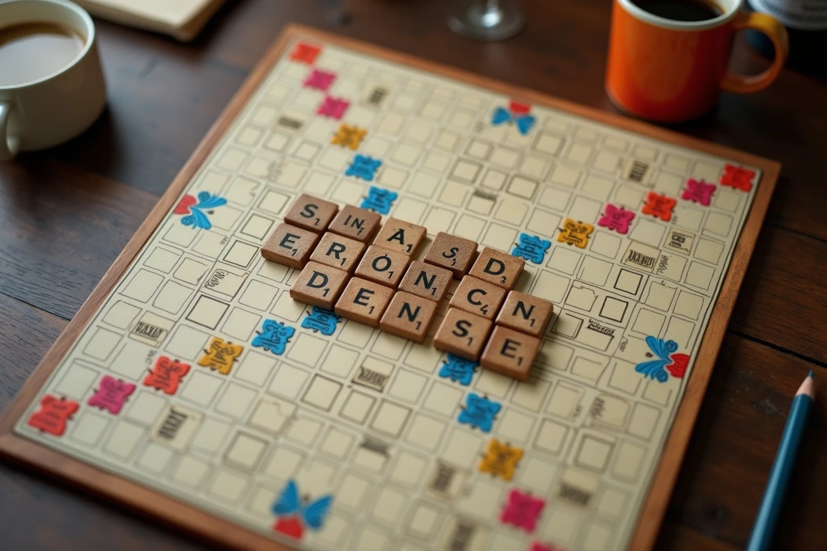 Vue aérienne d'un plateau de Scrabble avec des mots en français formés par des jetons en bois