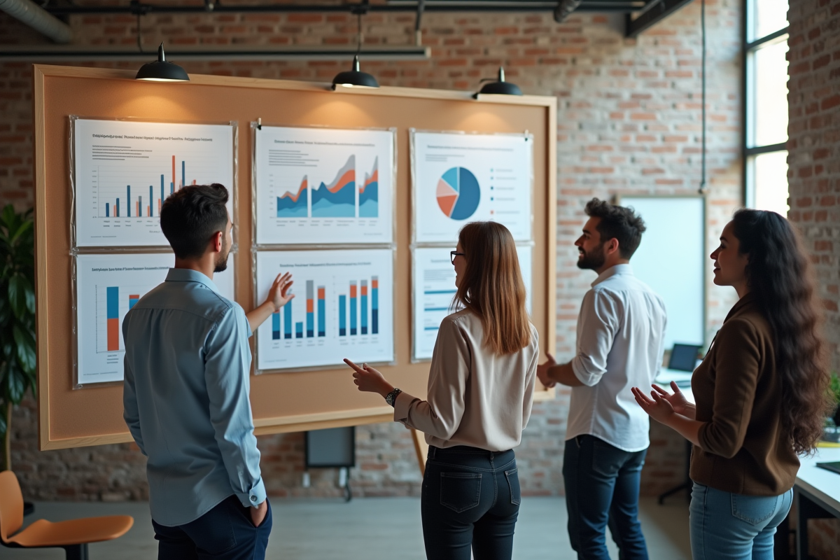 Quatre employés présentent des graphiques dans un espace ouvert