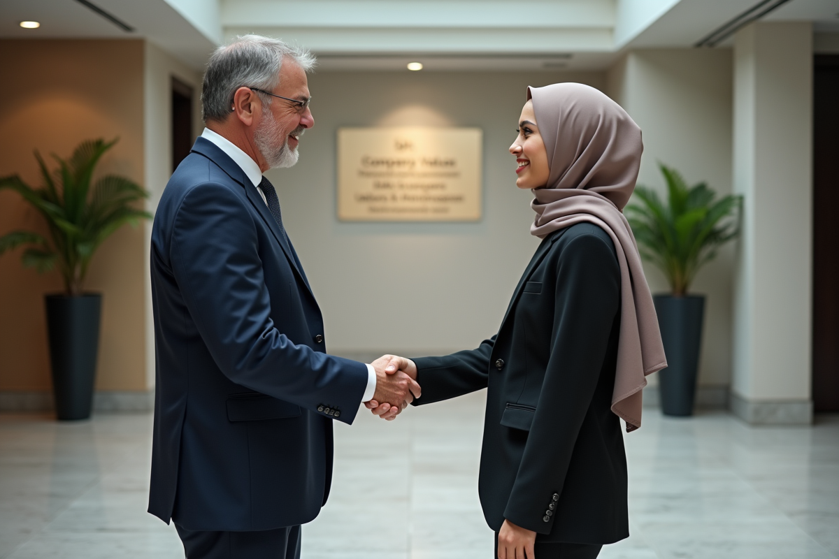 Manager RH serre la main a une jeune femme diversite