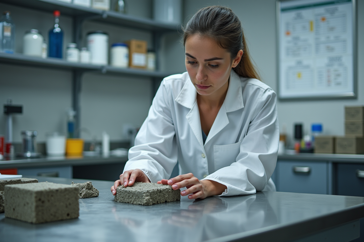 Technicienne analysant un echantillon de beton en laboratoire